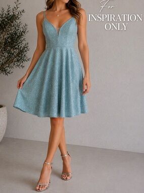 Ever Pretty Blue Glitter Fit & Flare Dress Spaghetti Strap Size M